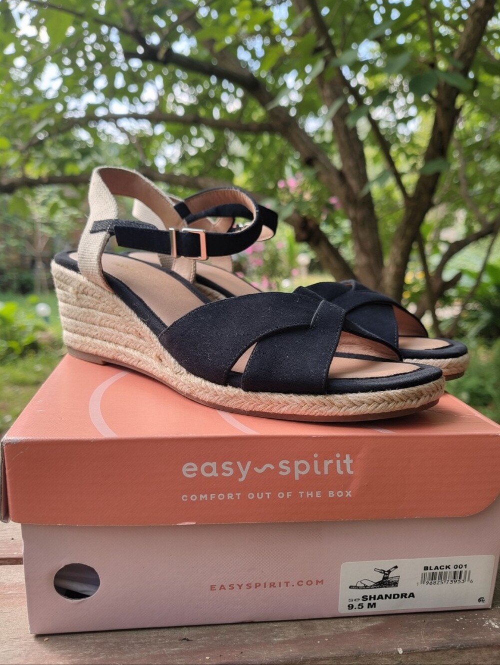 Easy Spirit Shandra Women's Wedge Black Sandals Leather Suede NEW Size 9.5